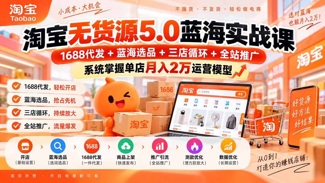 淘宝无货源5.0蓝海实战课-更新：1688代发+蓝海选品+三店循环+全站推广，系统掌握单店月入2万运营模型-鑫梵淘