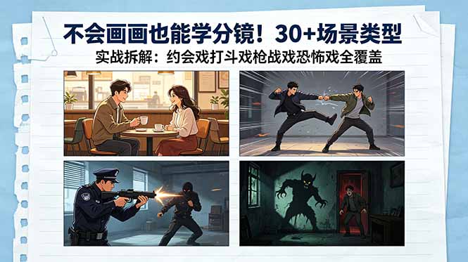 不会画画也能学分镜！30+场景类型实战拆解：约会戏打斗戏枪战戏恐怖戏全覆盖-鑫梵淘