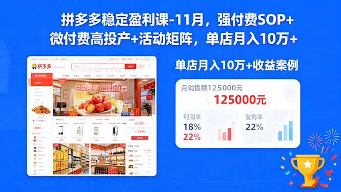 拼多多稳定盈利课-11月，强付费SOP+微付费高投产+活动矩阵，单店月入10万+-鑫梵淘