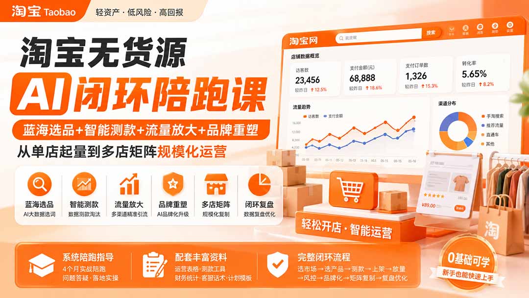 淘宝无货源AI闭环陪跑课：蓝海选品+智能测款+流量放大+品牌重塑，从单店起量到多店矩阵规模化运营-鑫梵淘