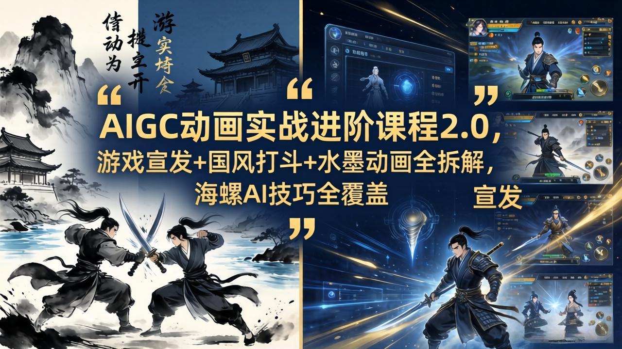 AIGC动画实战进阶课程2.0，游戏宣发+国风打斗+水墨动画全拆解，海螺AI技巧全覆盖-鑫梵淘
