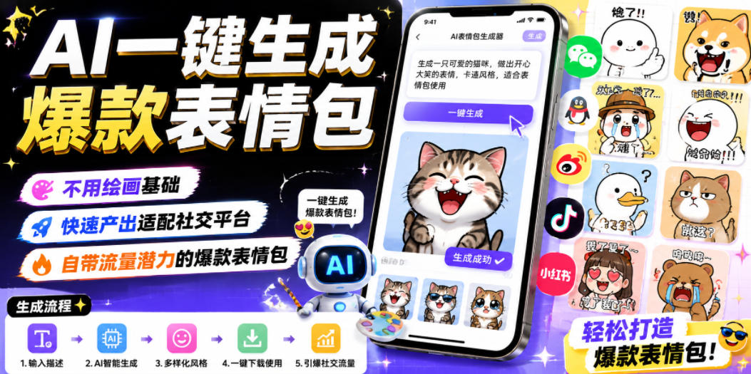 AI一键生成爆款表情包，不用绘画基础，快速产出适配社交平台，自带流量潜力的爆款表情包-鑫梵淘