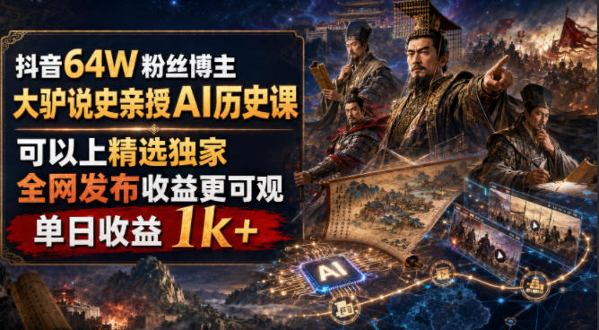 抖音64W粉丝博主大驴说史亲授AI历史课，可以上精选独家，全网发布收益更可观，单日收益1k+(更新)-鑫梵淘