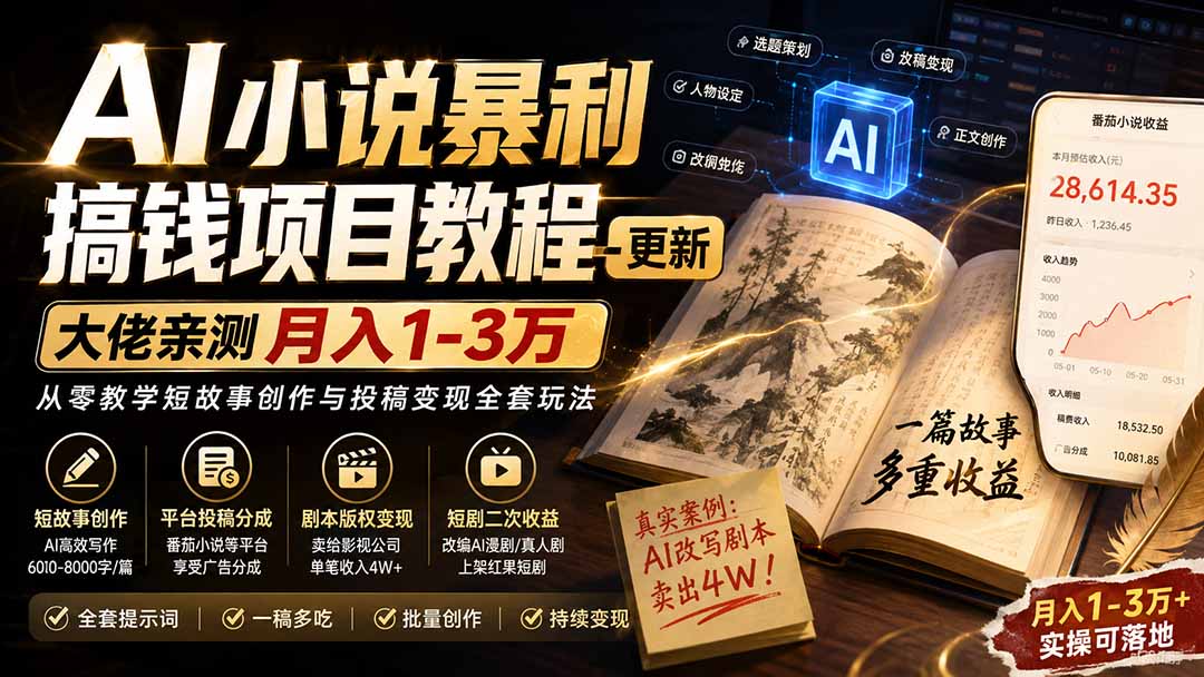 AI小说短故事暴利搞钱项目教程-更新，大佬亲测月入1-3万，从零教学短故事创作与投稿变现全套玩法-鑫梵淘