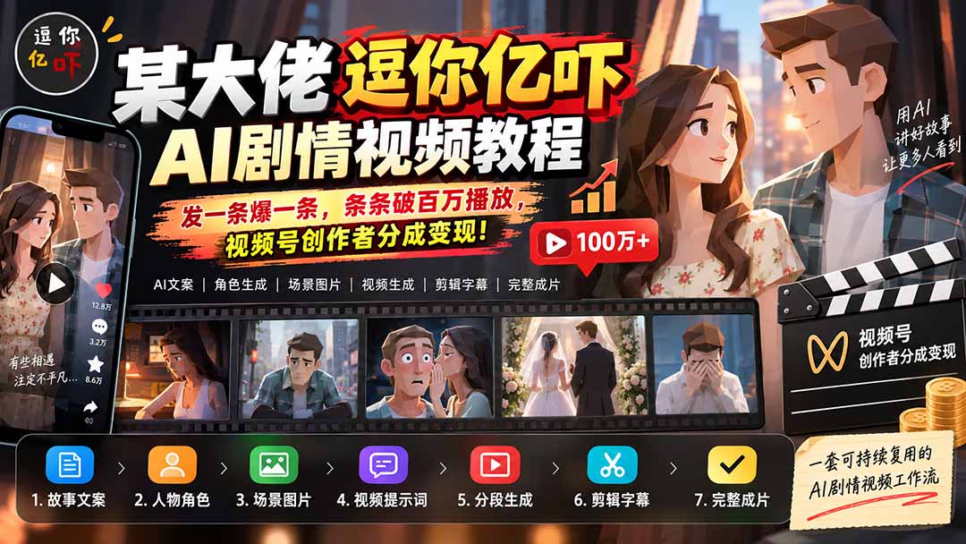 某大佬逗你亿吓AI低模剧情视频制作教程：发一条爆一条，条条破百万播放，利用视频号创作者分成变现!-鑫梵淘