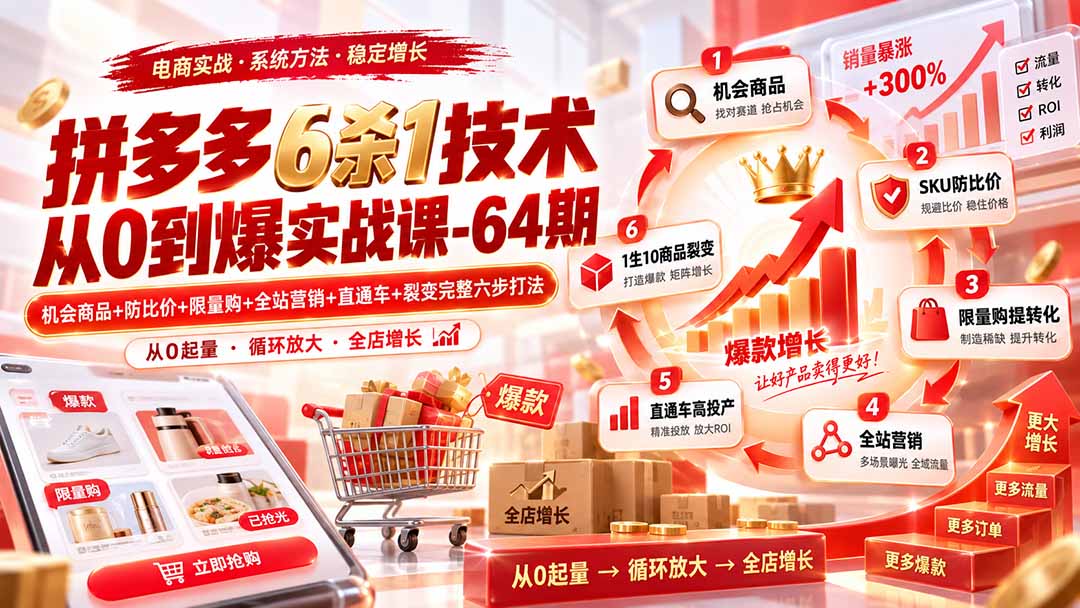 拼多多6杀1技术从0到爆实战课-64期：机会商品+防比价+限量购+全站营销+直通车+裂变完整六步打法-鑫梵淘