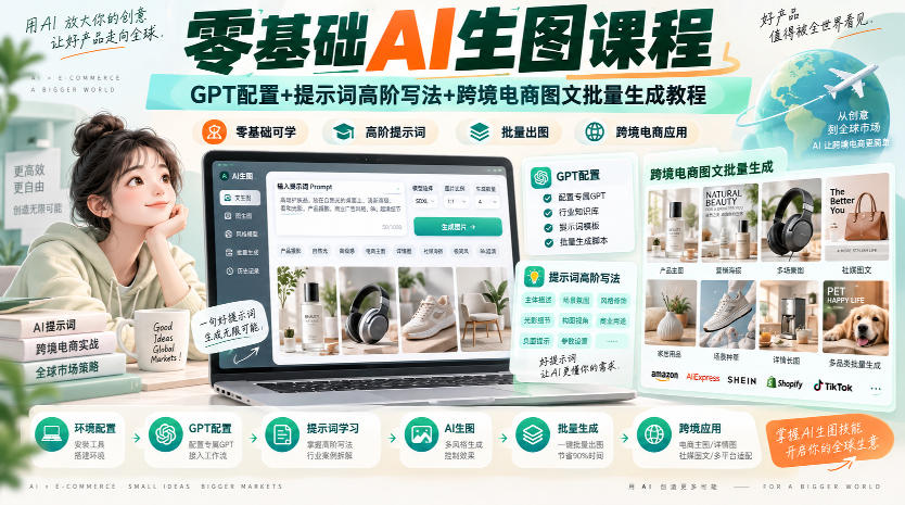 零基础AI生图课程，GPT配置+提示词高阶写法+跨境电商图文批量生成教程-鑫梵淘
