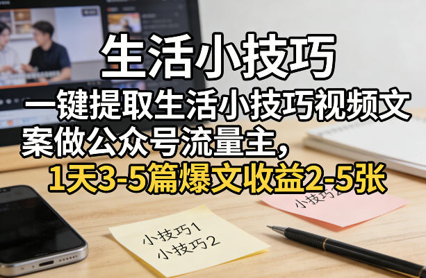 一键提取生活小技巧视频文案做公众号流量主，1天3-5篇爆文收益2-5张-鑫梵淘