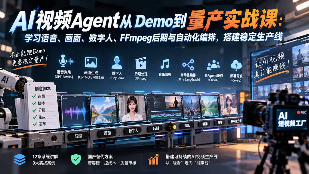 AI视频Agent从Demo到量产实战课：学习语音、画面、数字人、FFmpeg后期与自动化编排，搭建稳定生产线-鑫梵淘