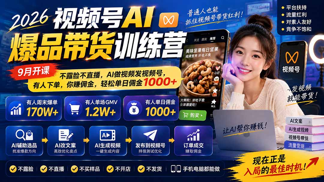 2026视频号AI爆品带货训练营-9月开课｜不露脸不直播，AI做视频发视频号，有人下单，你赚佣金，轻松单日佣金1000+-鑫梵淘