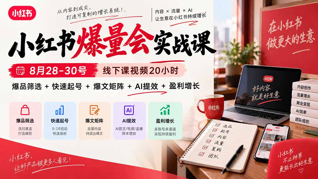 小红书爆量会实战课-更新9月17：线下课视频20小时，爆品筛选+快速起号+爆文矩阵+AI提效+盈利增长-鑫梵淘