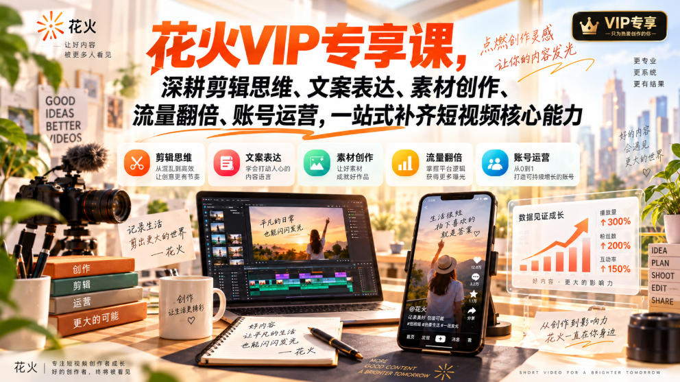 花火VIP专享课，深耕剪辑思维、文案表达、素材创作、流量翻倍、账号运营，一站式补齐短视频核心能力-鑫梵淘