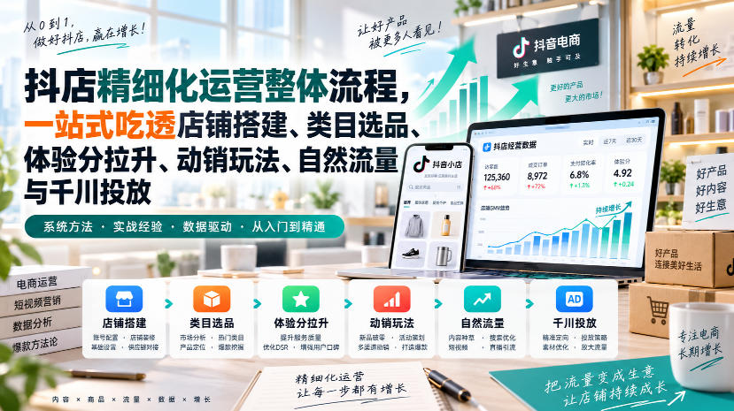 李哥电商-抖店精细化运营整体流程，一站式吃透店铺搭建、类目选品、体验分拉升、动销玩法、自然流量与千川投放-鑫梵淘