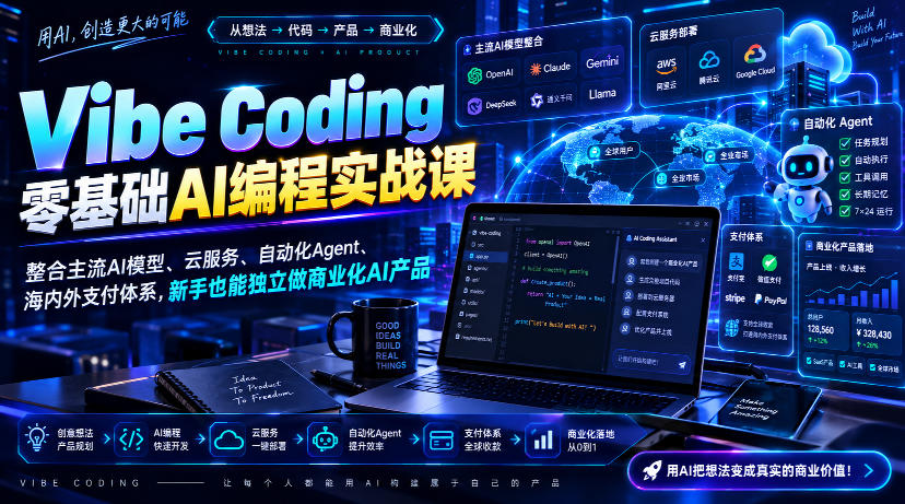 Vibe Coding零基础AI编程实战课-无水印，整合主流AI模型、云服务、自动化Agent、海内外支付体系，新手也能独立做商业化AI产品-鑫梵淘