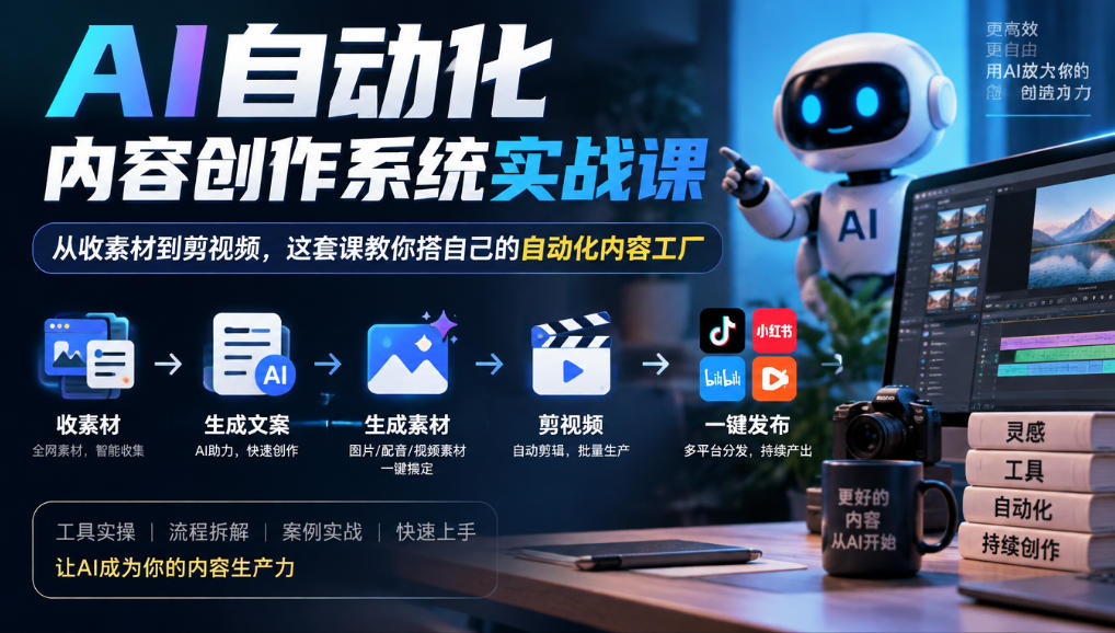 AI自动化内容创作系统实战课，从收素材到剪视频，这套课教你搭自己的自动化内容工厂-鑫梵淘