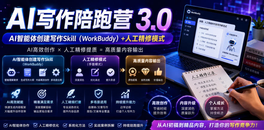 AI写作陪跑营3.0，Ai智能体创建写作skill(workbuddy)+人工手写模式(手搓模式)，去除AI痕迹(头条号、公众号、百家号)(更新0814)-鑫梵淘