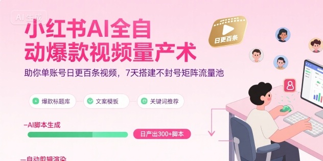 小红书AI全自动爆款视频量产术，助你单账号日更百条视频，7天搭建不封号矩阵流量池(更新8月)-鑫梵淘