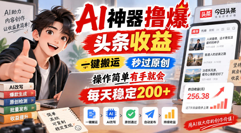 AI神器撸爆头条收益，一键搬运，秒过原创，操作简单有手就会，每天稳定200+【揭秘】-鑫梵淘