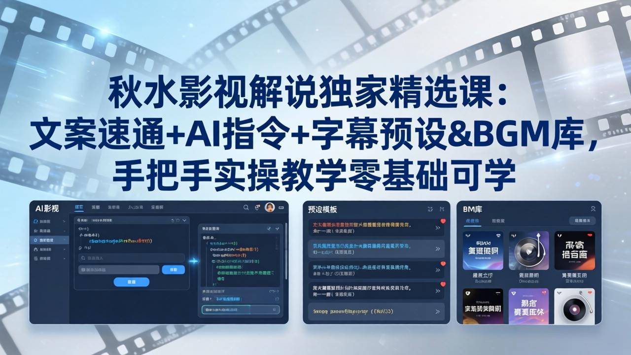 秋水影视解说独家精选课：文案速通+AI指令+字幕预设+BGM库，手把手实操教学零基础可学-鑫梵淘