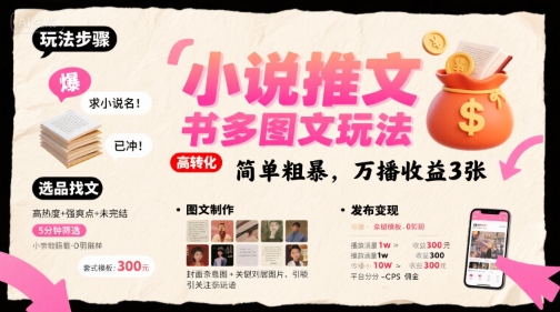 小说推文小红书多图文玩法，简单粗暴，万播收益3张-鑫梵淘