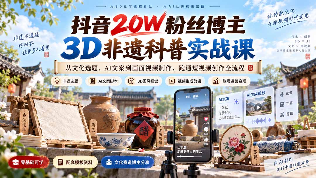 抖音20W粉丝博主3D非遗科普实战课：从文化选题、AI文案到画面视频制作，跑通短视频创作全流程-鑫梵淘