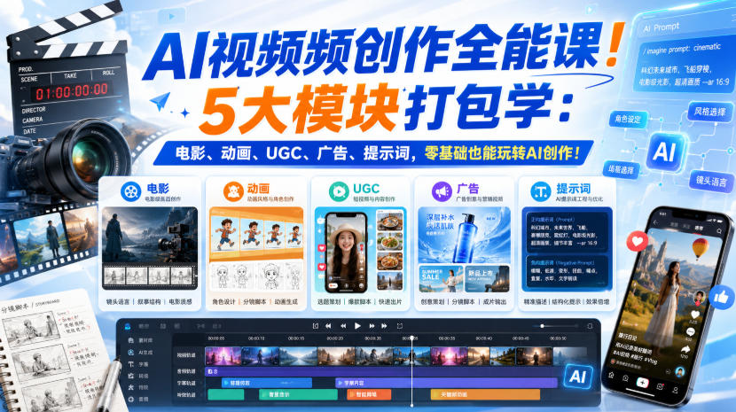 AI视频频创作全能课！5大模块打包学：电影、动画、UGC、广告、提示词，零基础也能玩转AI创作！【原创双语字幕】-鑫梵淘