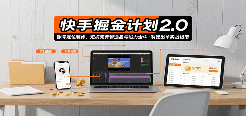 快手掘金计划2.0，账号定位装修、短视频剪辑选品与磁力金牛+裂变出单实战指南-鑫梵淘