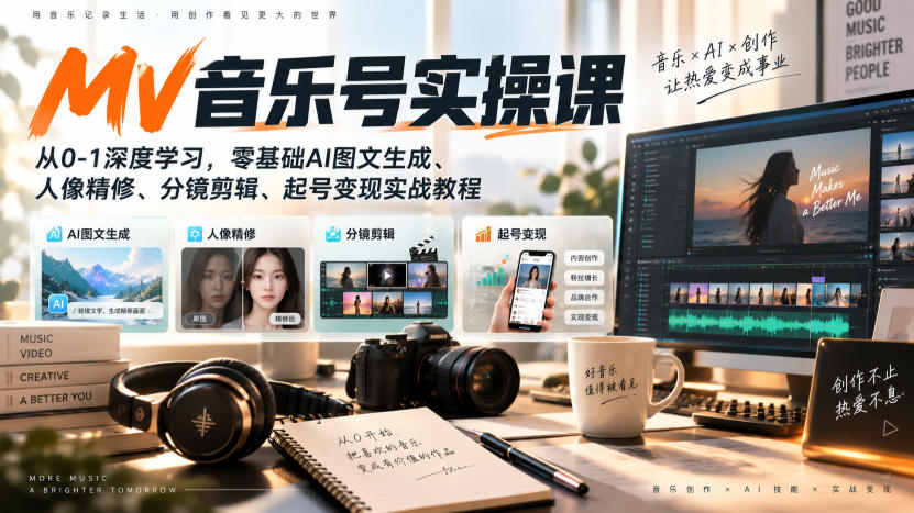 AI MV音乐号实操课，从0-1深度学习，零基础AI图文生成、人像精修、分镜剪辑、起号变现实战教程-鑫梵淘