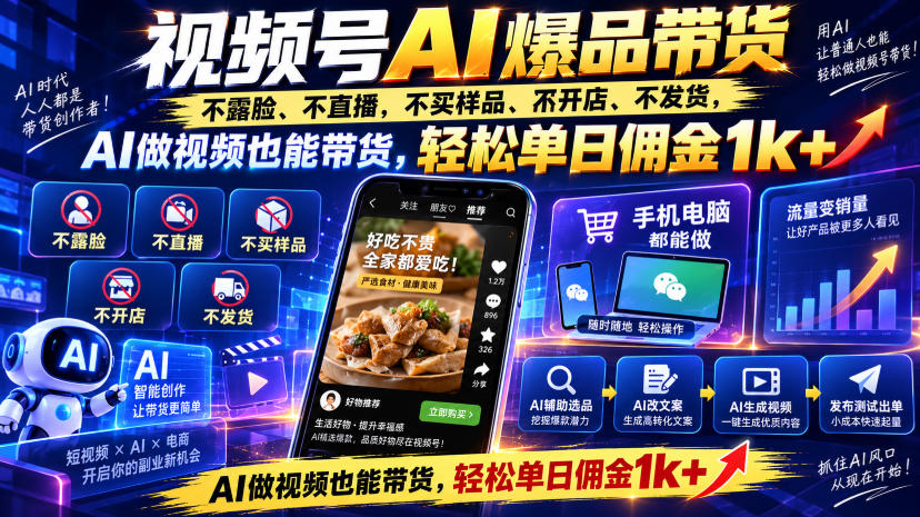 视频号Ai爆品带货，不露脸、不直播、不买样品、不开店、不发货，AI做视频也能带货，轻松单日佣金1k+-鑫梵淘