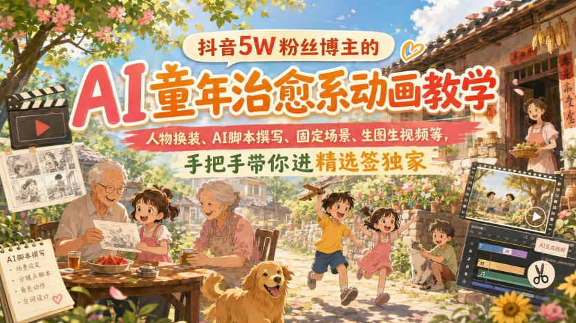 抖音5W粉丝博主的AI童年治愈系动画教学，人物换装、AI脚本撰写、固定场景、生图生视频等，手把手带你进精选签独家-鑫梵淘