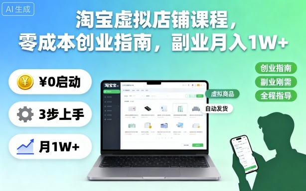 淘宝虚拟店铺课程，零成本创业指南，副业月入1W+-鑫梵淘