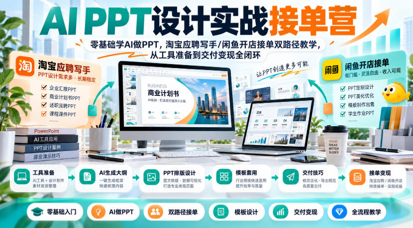 AI PPT设计实战接单营｜零基础学AI做PPT，淘宝应聘写手/闲鱼开店接单双路径教学，从工具准备到交付变现全闭环-鑫梵淘