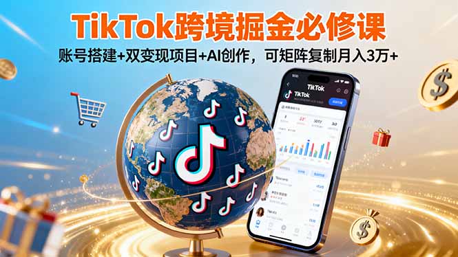 TikTo跨境掘金必修课，账号搭建+双变现项目+AI创作，可矩阵复制月入3万+-鑫梵淘