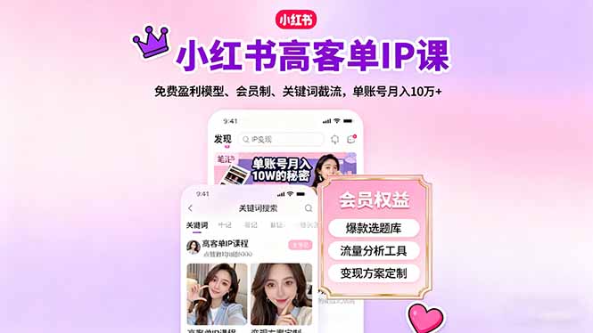 小红书高客单IP课，免费盈利模型、会员制、关键词截流，单账号月入10万+-鑫梵淘