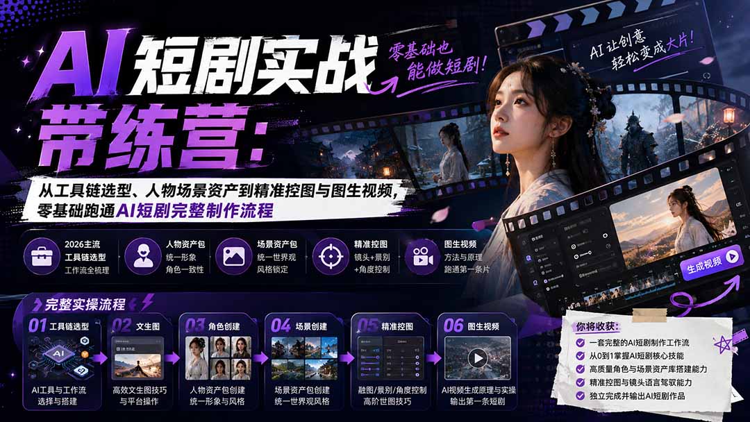 AI短剧实战训练营：从工具链选型、人物场景资产到精准控图与图生视频，零基础跑通AI短剧完整制作流程-鑫梵淘