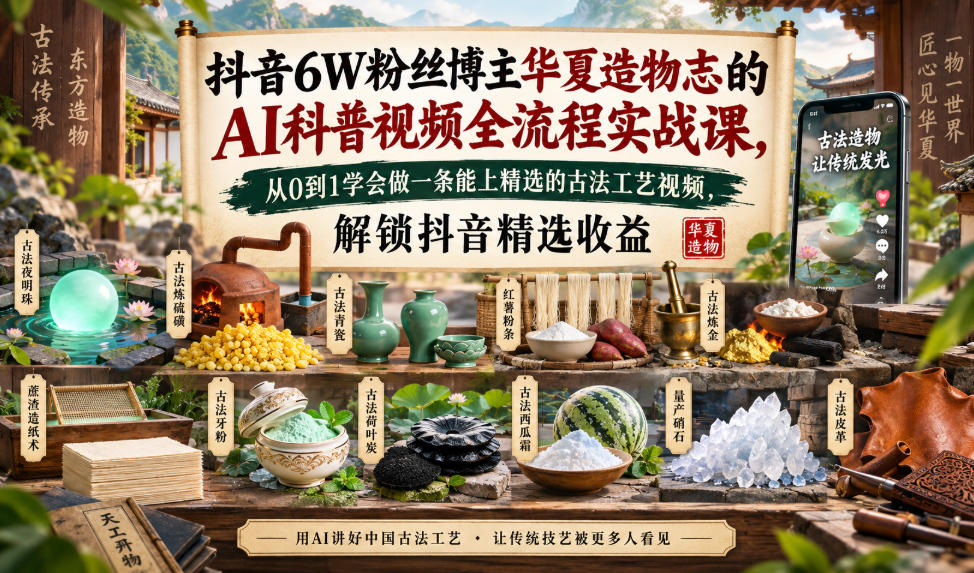 抖音6W粉丝博主华夏造物志的AI科普视频全流程实战课，从0到1学会做一条能上精选的古法工艺视频，解锁抖音精选收益-鑫梵淘