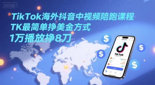 TikTok海外抖音中视频陪跑课程，TK最简单挣美金方式，1万播放挣8刀-鑫梵淘