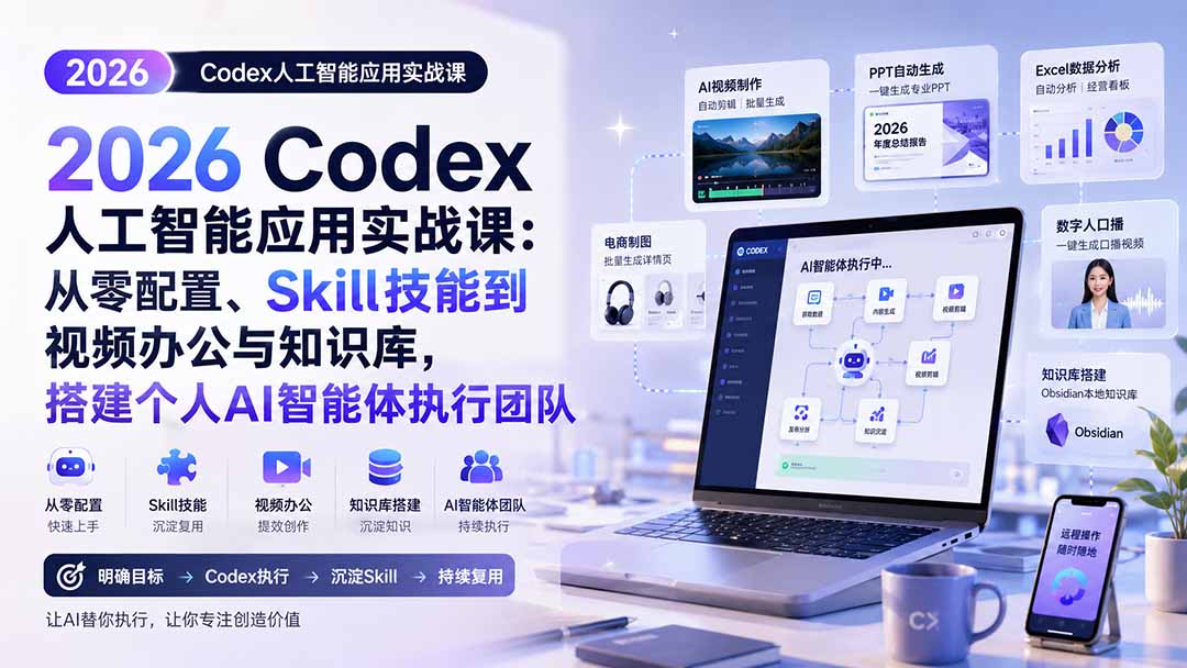 2026 Codex人工智能应用实战课：从零配置、Skill技能到视频办公与知识库，搭建个人AI智能体执行团队-鑫梵淘