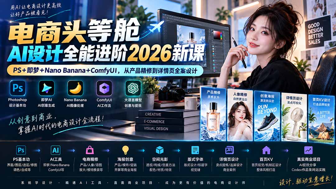 电商头等舱AI设计全能进阶2026新课：PS+即梦+Nano Banana+ComfyUI，从产品精修到详情页全案设计-鑫梵淘