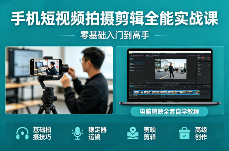 手机短视频拍摄剪辑全能实战课：零基础入门到高手，稳定器运镜+电脑剪映全套自学教程-鑫梵淘