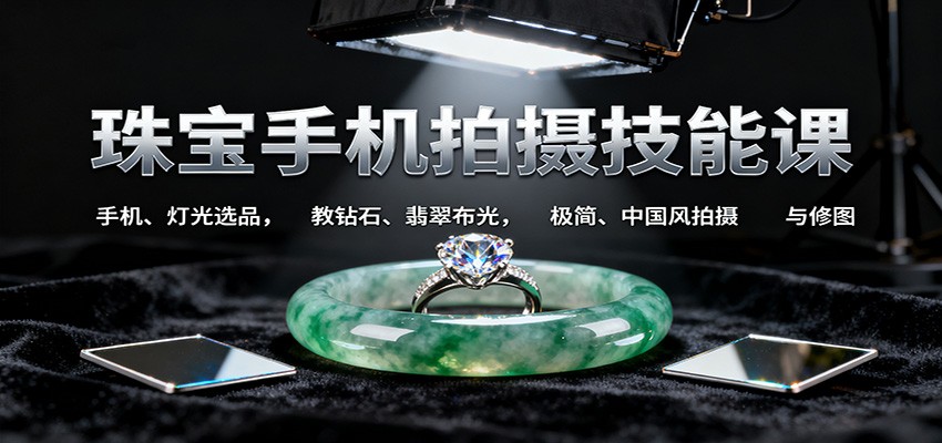 珠宝手机拍摄技能课:手机、 灯光选品，教钻石、翡翠布光，极简、中国风拍摄与修图-鑫梵淘