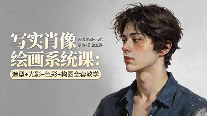 写实肖像绘画系统课：造型+光影+色彩+构图全套教学，配套笔刷+示范+作业点评-鑫梵淘