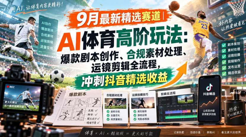 某大佬的9月最新精选赛道之AI体育顶级玩法，爆款剧本创作、版权规避、运镜剪辑全流程，稳拿抖音精选收益-鑫梵淘