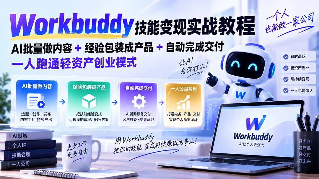 Workbuddy技能变现实战教程：AI批量做内容+经验包装成产品+自动完成交付，一人跑通轻资产创业模式-鑫梵淘