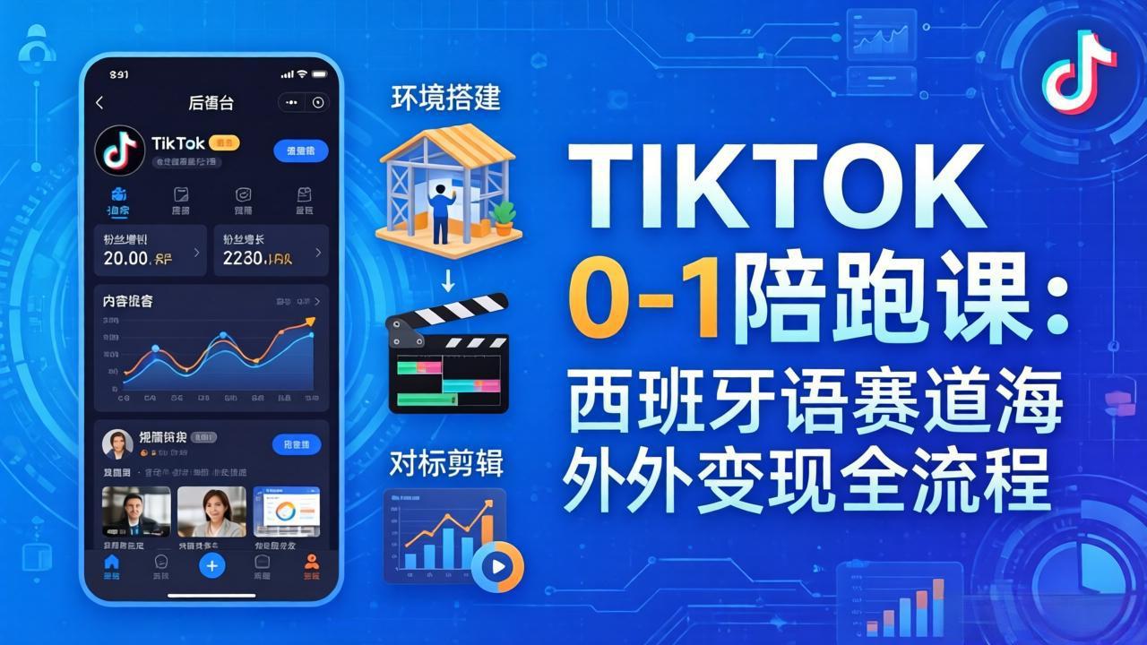 TIKTOK 0-1 陪跑课：从环境搭建到刷对标剪辑，西班牙语赛道海外变现全流程-鑫梵淘
