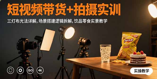 短视频带货+拍摄实训：三灯布光法详解,场景搭建逻辑拆解,饮品零食实景教学-鑫梵淘