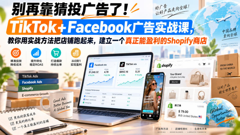 别再靠猜投广告了！TikTok+Facebook广告实战课，教你用实战方法把店铺跑起来，建立一个真正能盈利的Shopify商店【原创双语字幕】-鑫梵淘