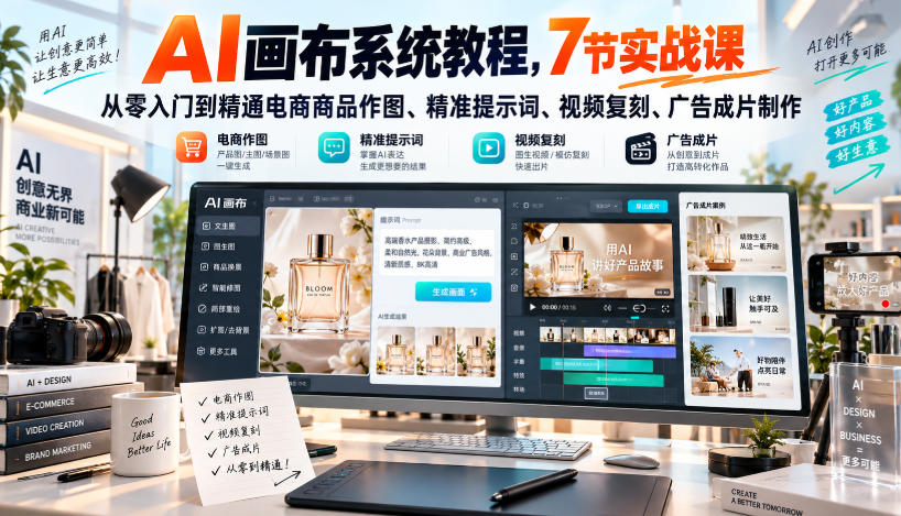AI画布系统教程，7节实战课从零入门到精通电商商品作图、精准提示词、视频复刻、广告成片制作-鑫梵淘