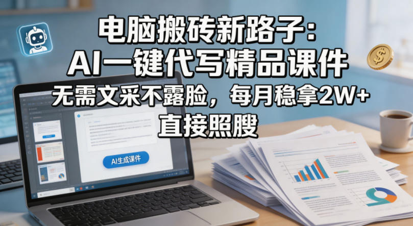 电脑搬砖新路子：AI一键代写精品课件，无需文采不露脸，每月稳拿2W+，直接照搬-鑫梵淘