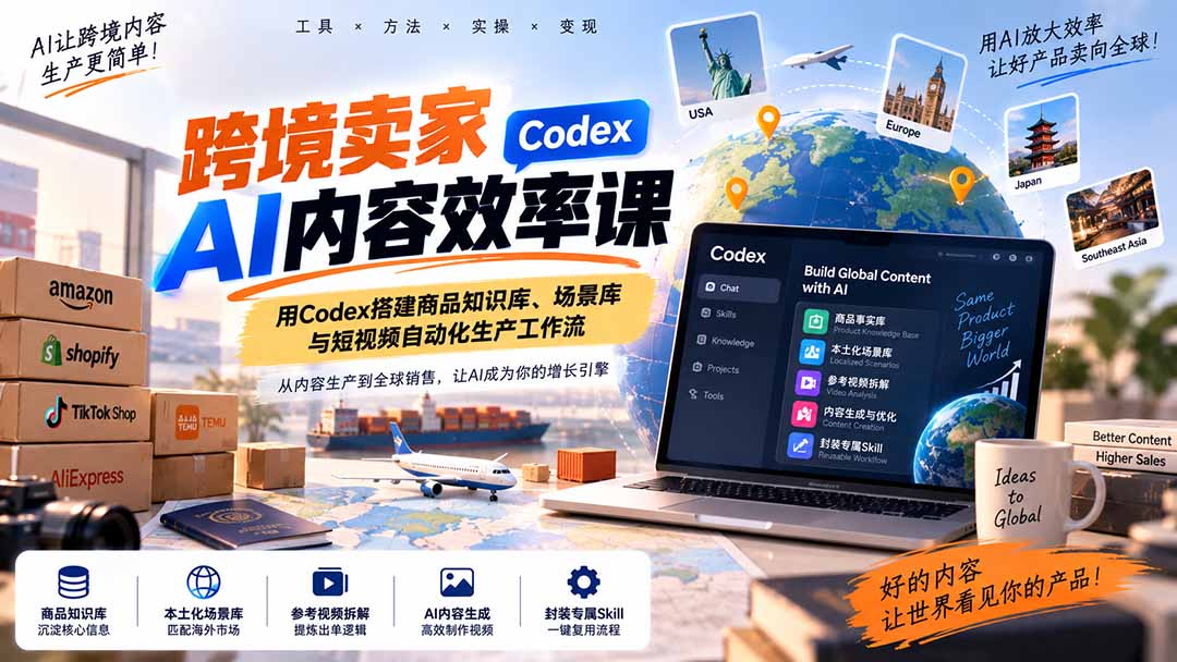 跨境卖家AI内容效率课：用Codex搭建商品知识库、场景库与短视频自动化生产工作流-鑫梵淘